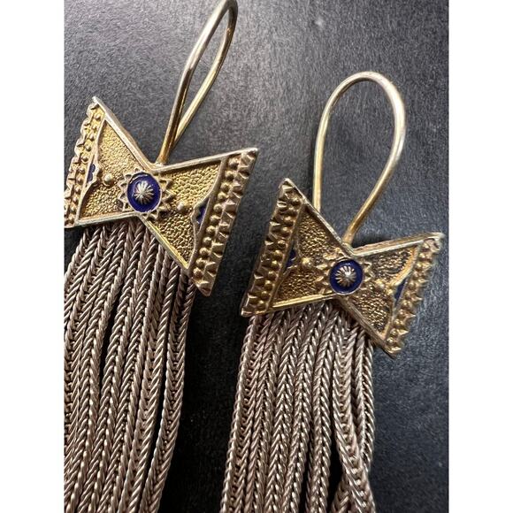 Vintage Turkish sterling silver foxtail fringe enamel bow earrings - Picture 2 of 9